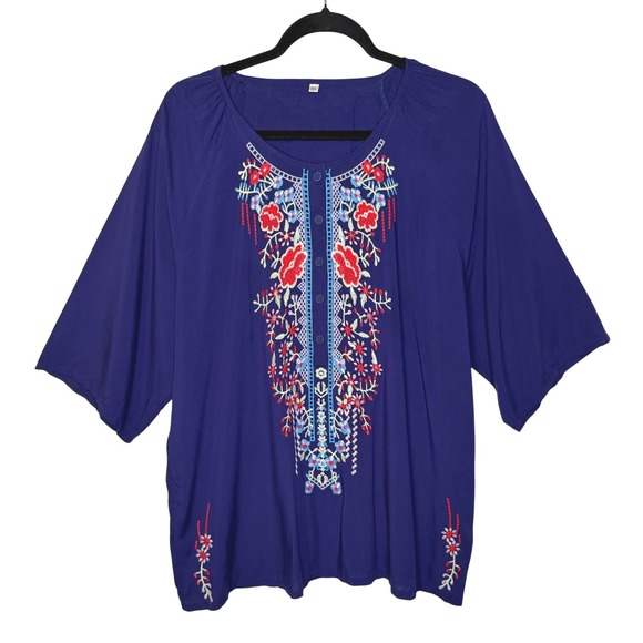 Unbranded Tops - Navy Blue Embroidered Floral Boho 100% Cotton Blouse Top 1XL 3/4 Sleeve Peasant